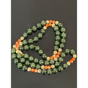 Vintage 14K Gold Clasp Gold Ball Green Stone Jade Pink Coral Bead Necklace